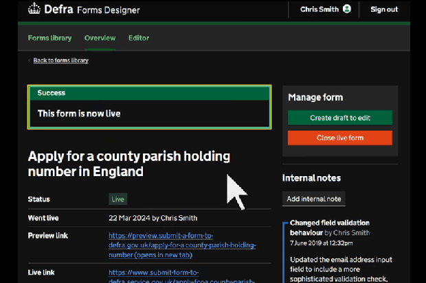 Live DEFRA form example